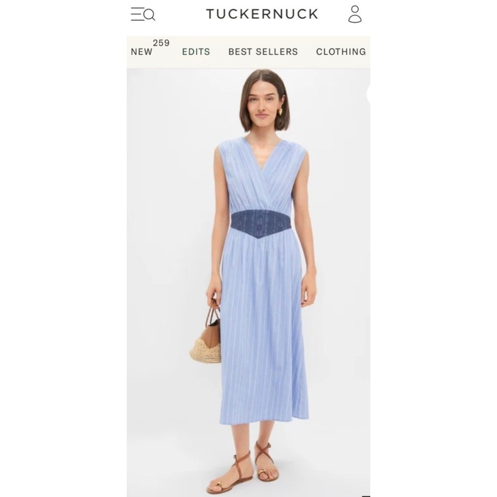 Tuckernuck Sky Blue Stripe Cotton Perrie Midi Dress Size L Coastal Resortwear